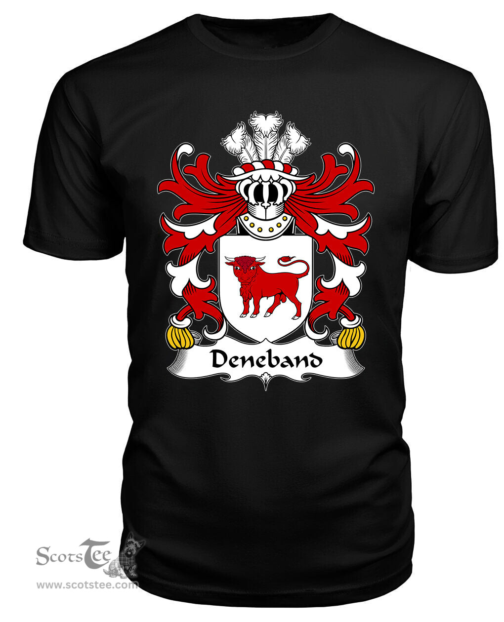 ScotsTee Deneband (or DENEBAUD, of Gwent) Coat Of Arms Family Crest Welsh Armorial T Shirt