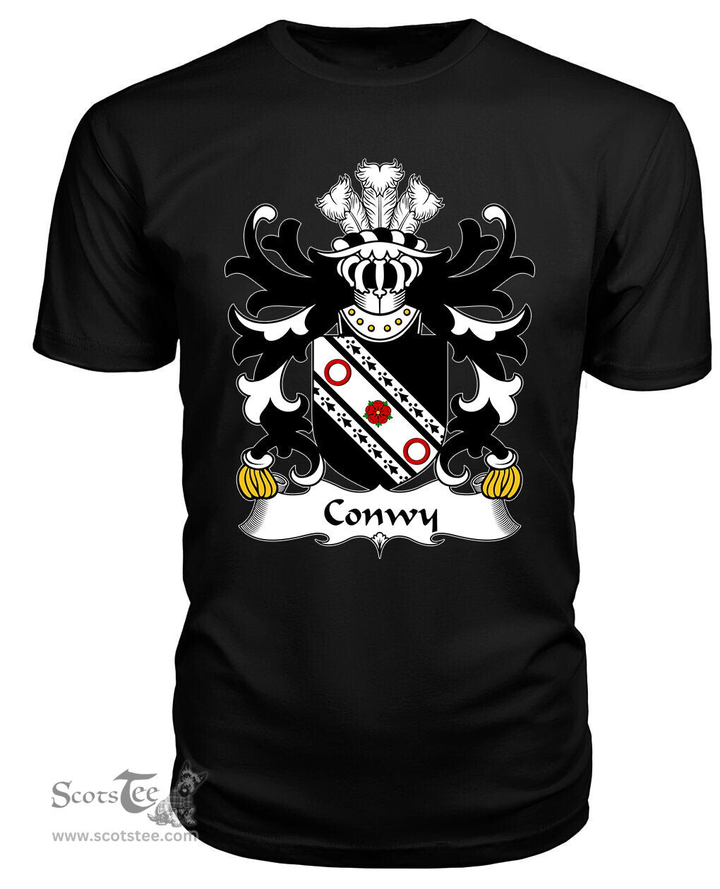 ScotsTee Conwy (of Bodrhyddan, Flint) Coat Of Arms Family Crest Welsh Armorial T Shirt