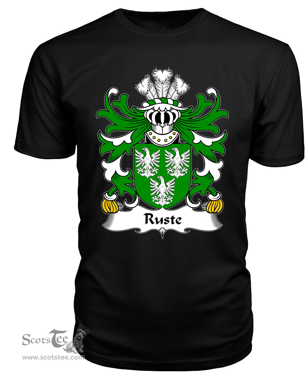 ScotsTee Ruste (of Abergwili, Carmarthenshire) Coat Of Arms Family Crest Welsh Armorial T Shirt