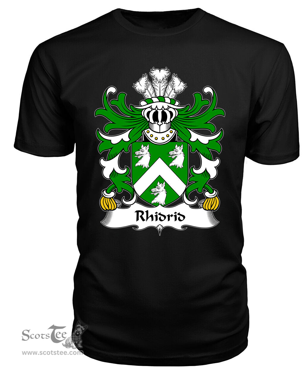 ScotsTee Rhidrid (FLAIDD-of Penllyn, Merionethshire) Coat Of Arms Family Crest Welsh Armorial T Shirt