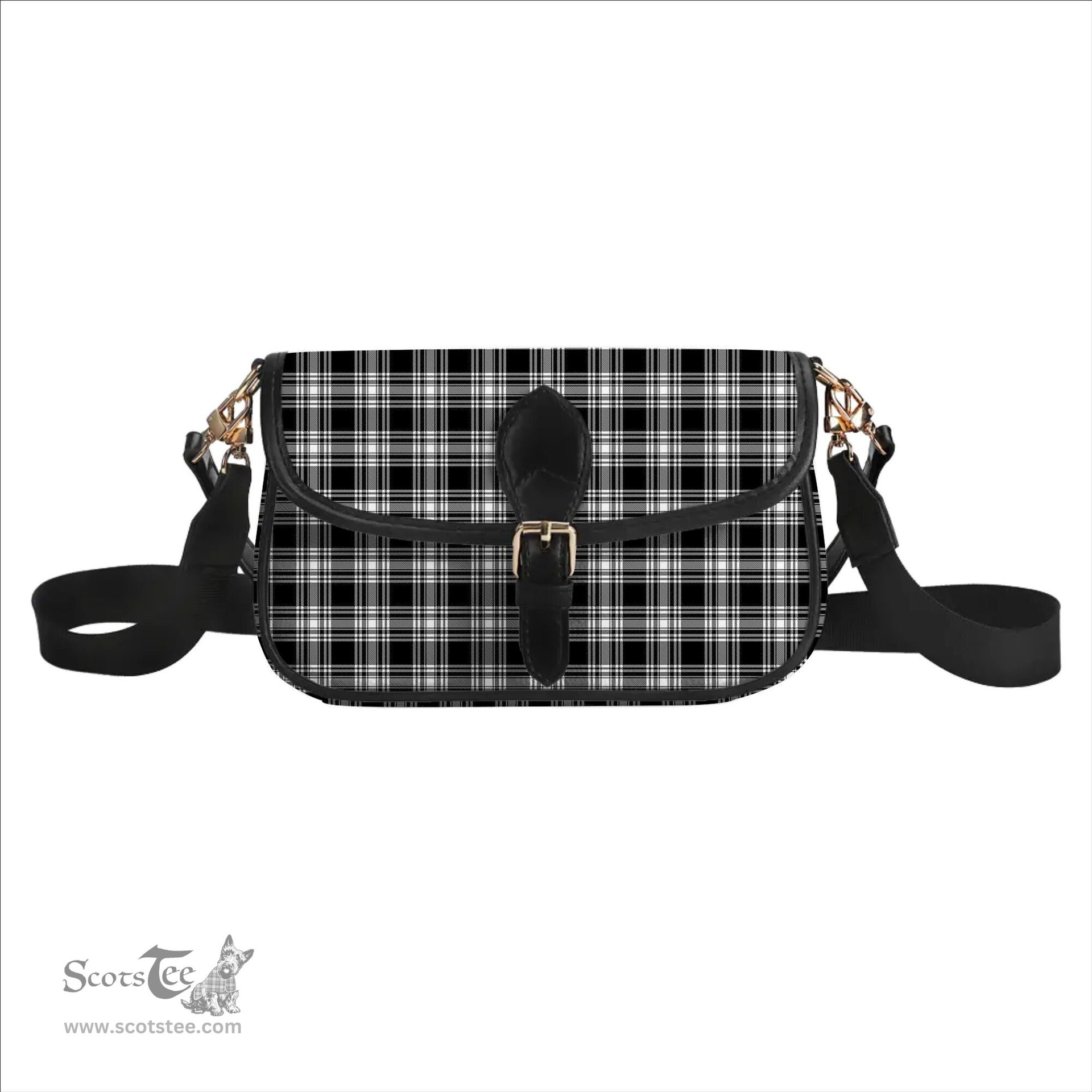 ScotsTee Shop Scottish Menzies Black & White Modern Tartan Women's Chain Crossbody Bag Square Bag
