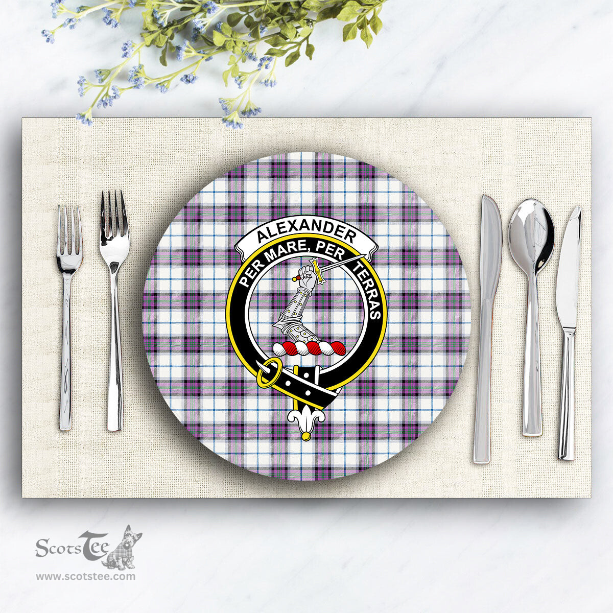 ScotsTee Shop Scottish Alexander of Menstry Dress Ancient Crest Tartan Ceramic Plate