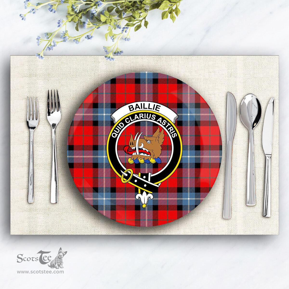 ScotsTee Shop Scottish Baillie of Polkemmet Red Modern Crest Tartan Ceramic Plate