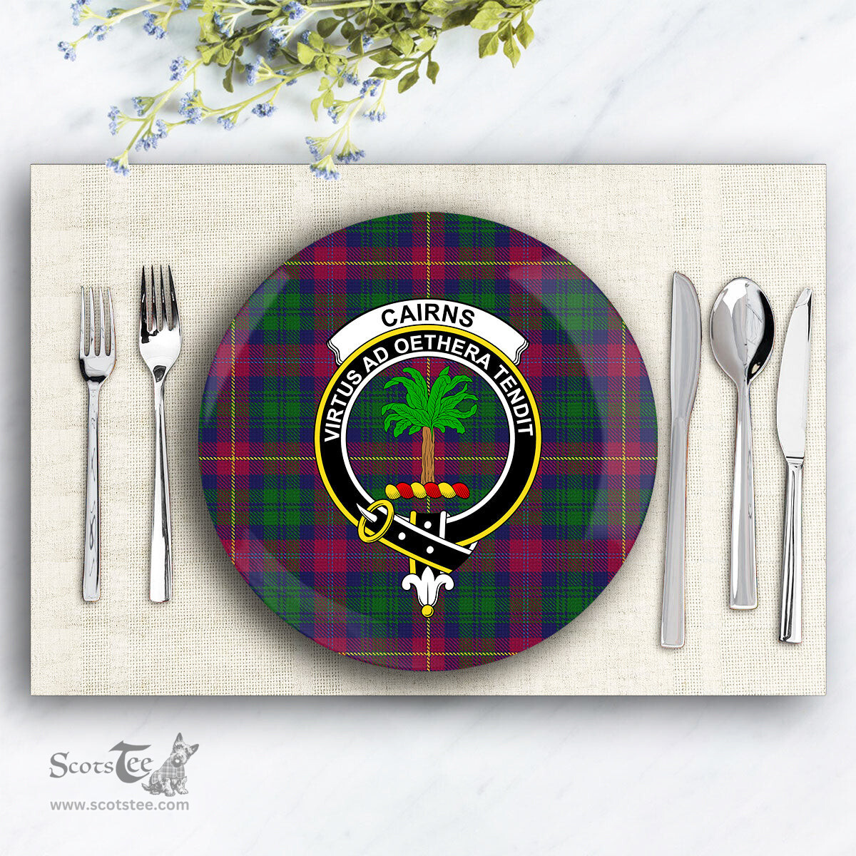 ScotsTee Shop Scottish Cairns of Finavon Crest Tartan Ceramic Plate