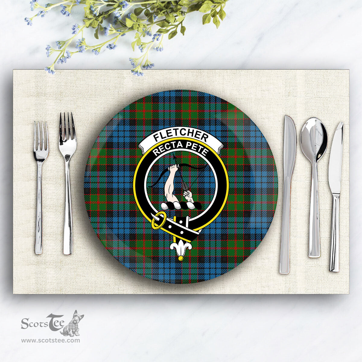 ScotsTee Shop Scottish Fletcher of Dunans Crest Tartan Ceramic Plate