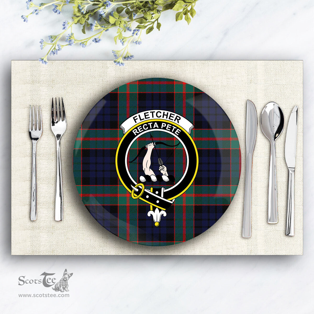 ScotsTee Shop Scottish Fletcher of Dunans Modern Crest Tartan Ceramic Plate