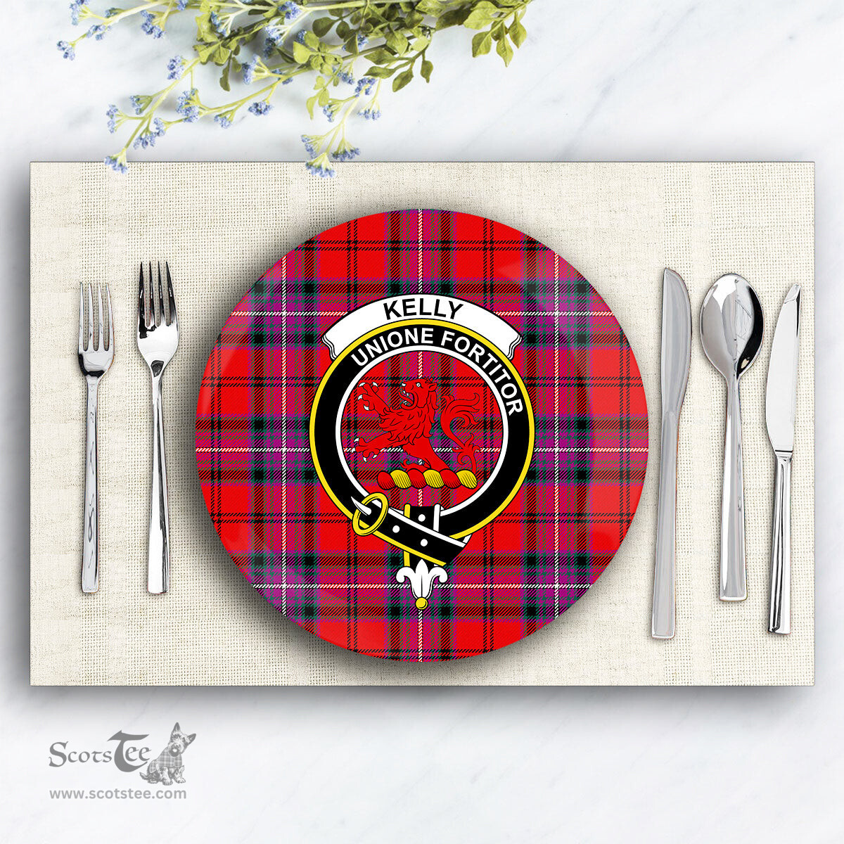 ScotsTee Shop Scottish Kelly of Sleat Red Modern Crest Tartan Ceramic Plate