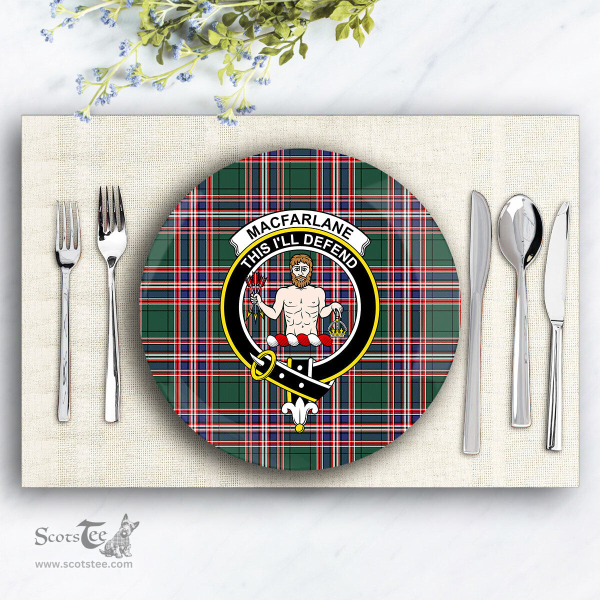 ScotsTee Shop Scottish MacFarlane Hunting Modern Crest Tartan Ceramic Plate