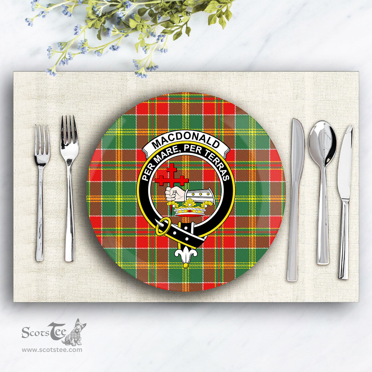 ScotsTee Shop Scottish MacDonald of Kingsburgh Modern Crest Tartan Ceramic Plate