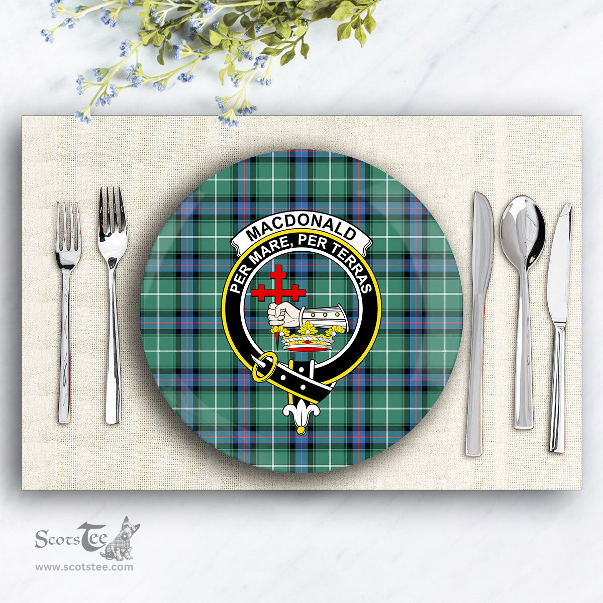 ScotsTee Shop Scottish MacDonald of the Isles Hunting Ancient Crest Tartan Ceramic Plate