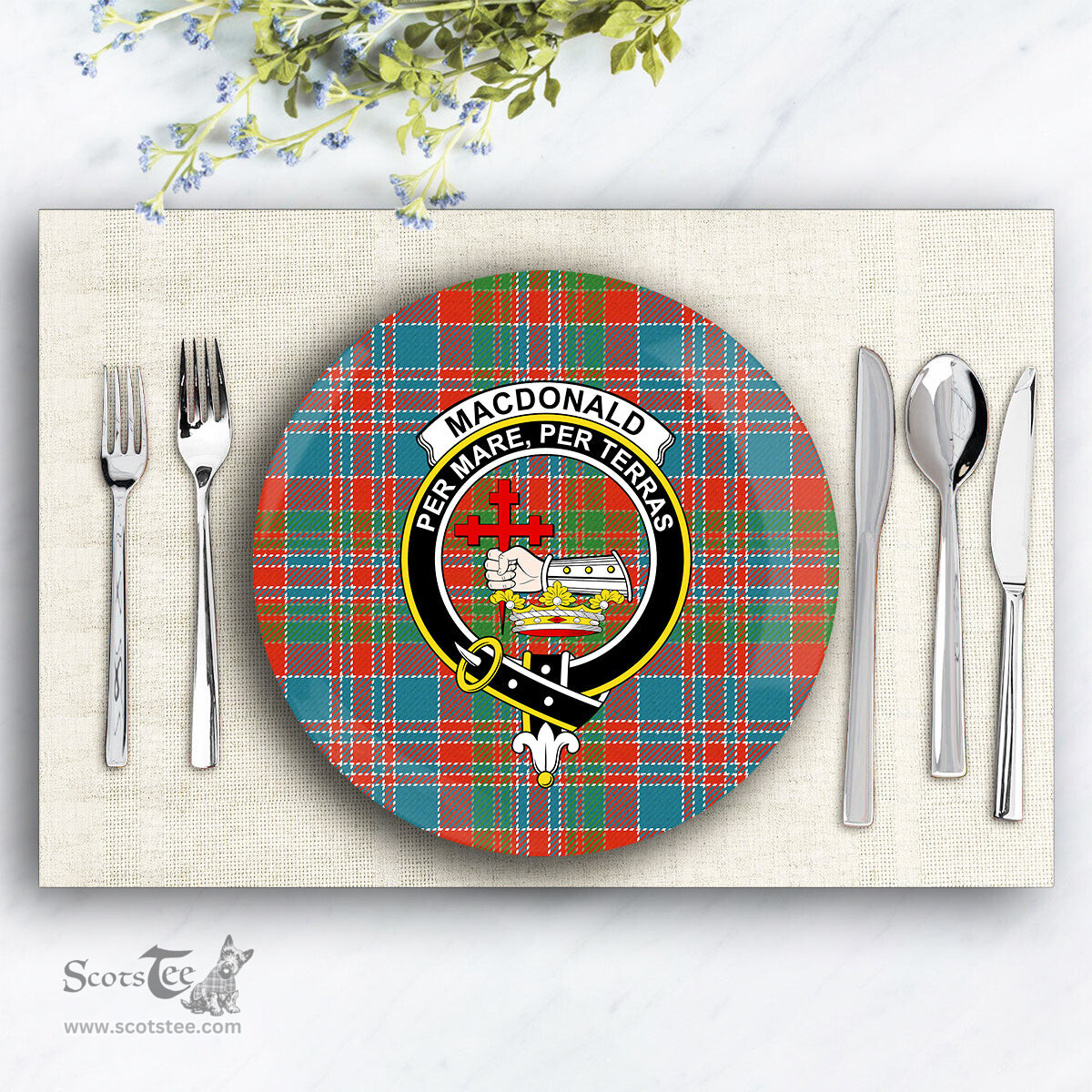 ScotsTee Shop Scottish MacDonald of Boisdale Ancient Crest Tartan Ceramic Plate