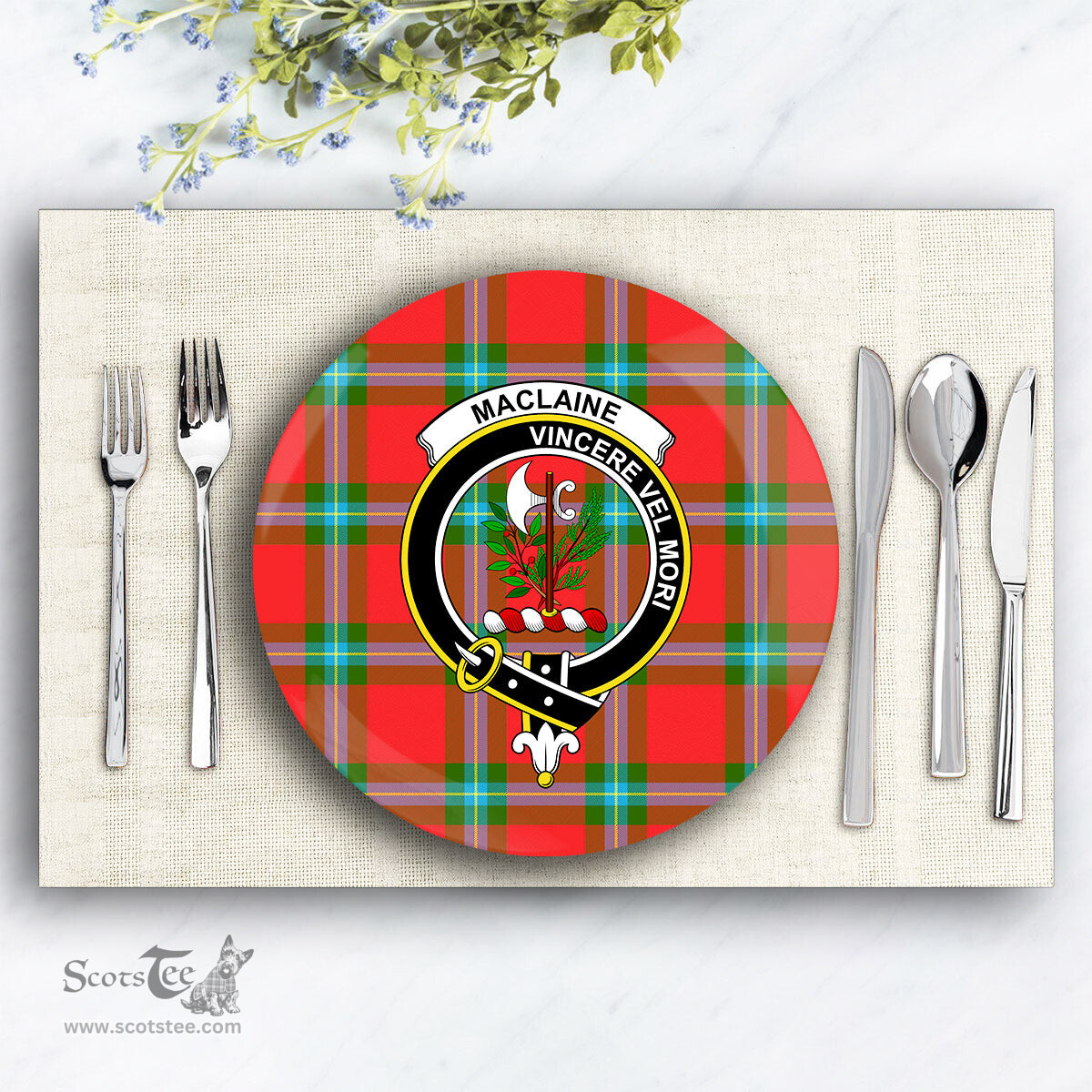 ScotsTee Shop Scottish MacLaine of Loch Buie Crest Tartan Ceramic Plate