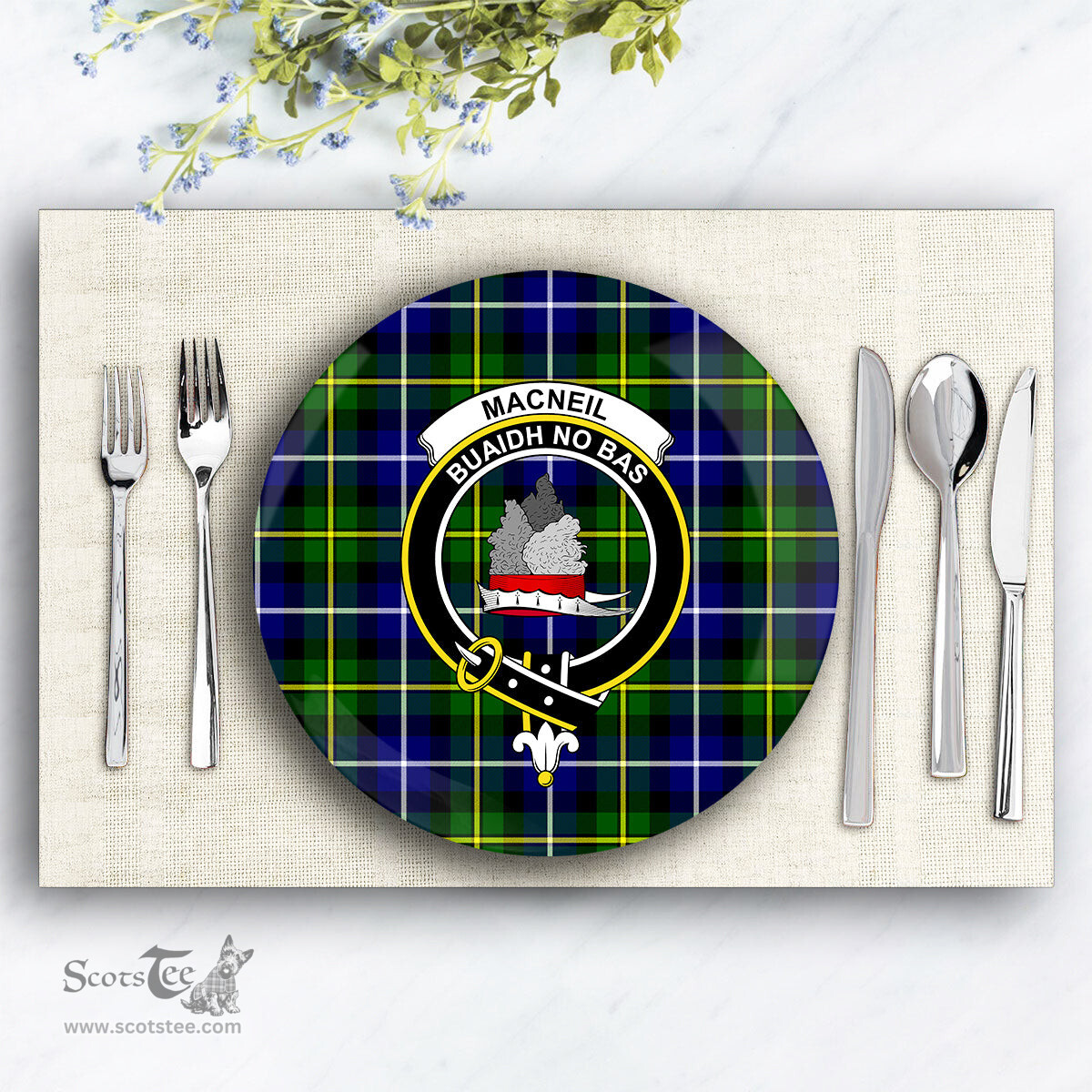ScotsTee Shop Scottish MacNeill of Barra Modern Crest Tartan Ceramic Plate