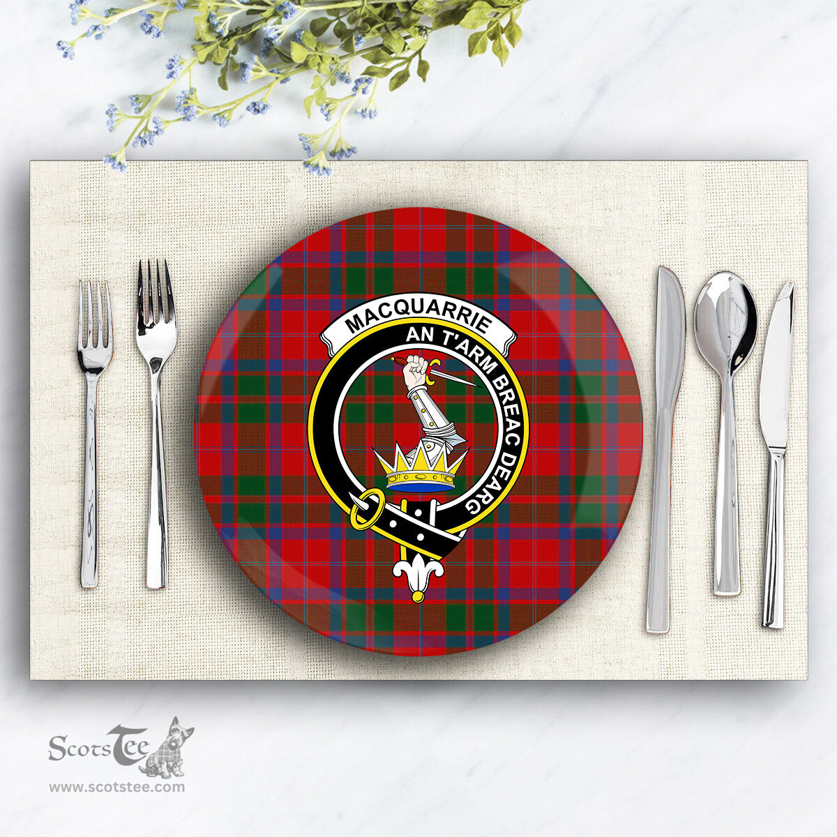 ScotsTee Shop Scottish MacQuarrie 3 Crest Tartan Ceramic Plate