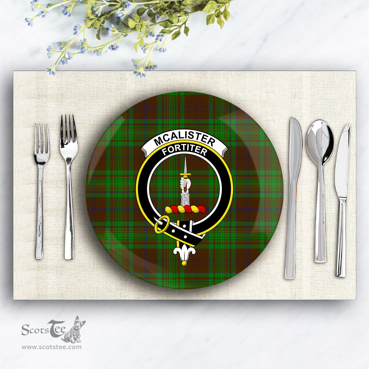 ScotsTee Shop Scottish McAlister of Glenbarr Hunting Crest Tartan Ceramic Plate