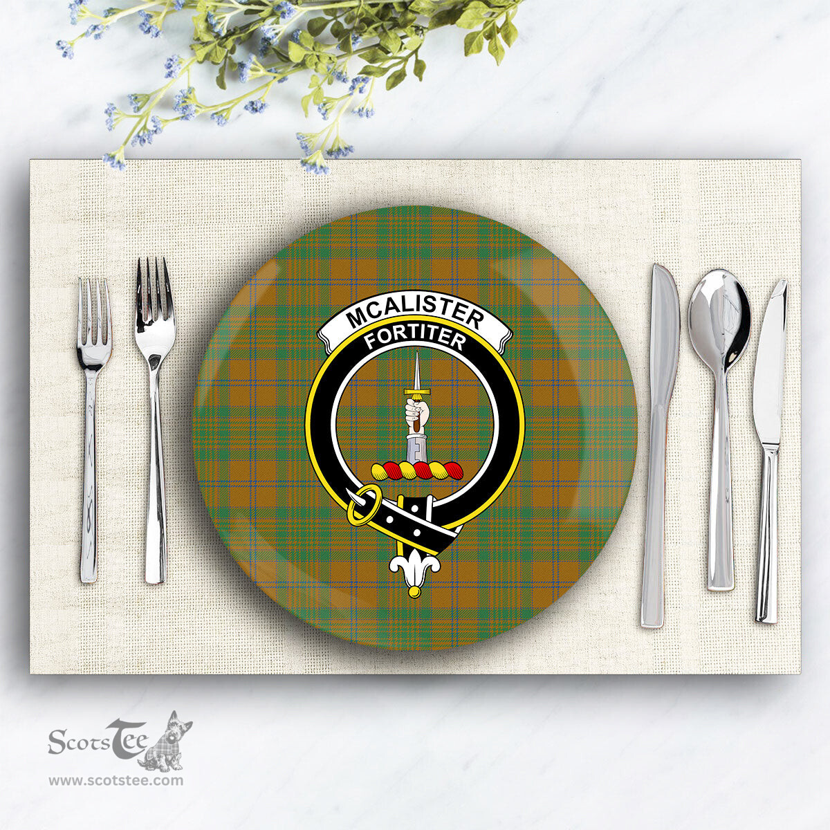 ScotsTee Shop Scottish McAlister of Glenbarr Hunting Modern Crest Tartan Ceramic Plate