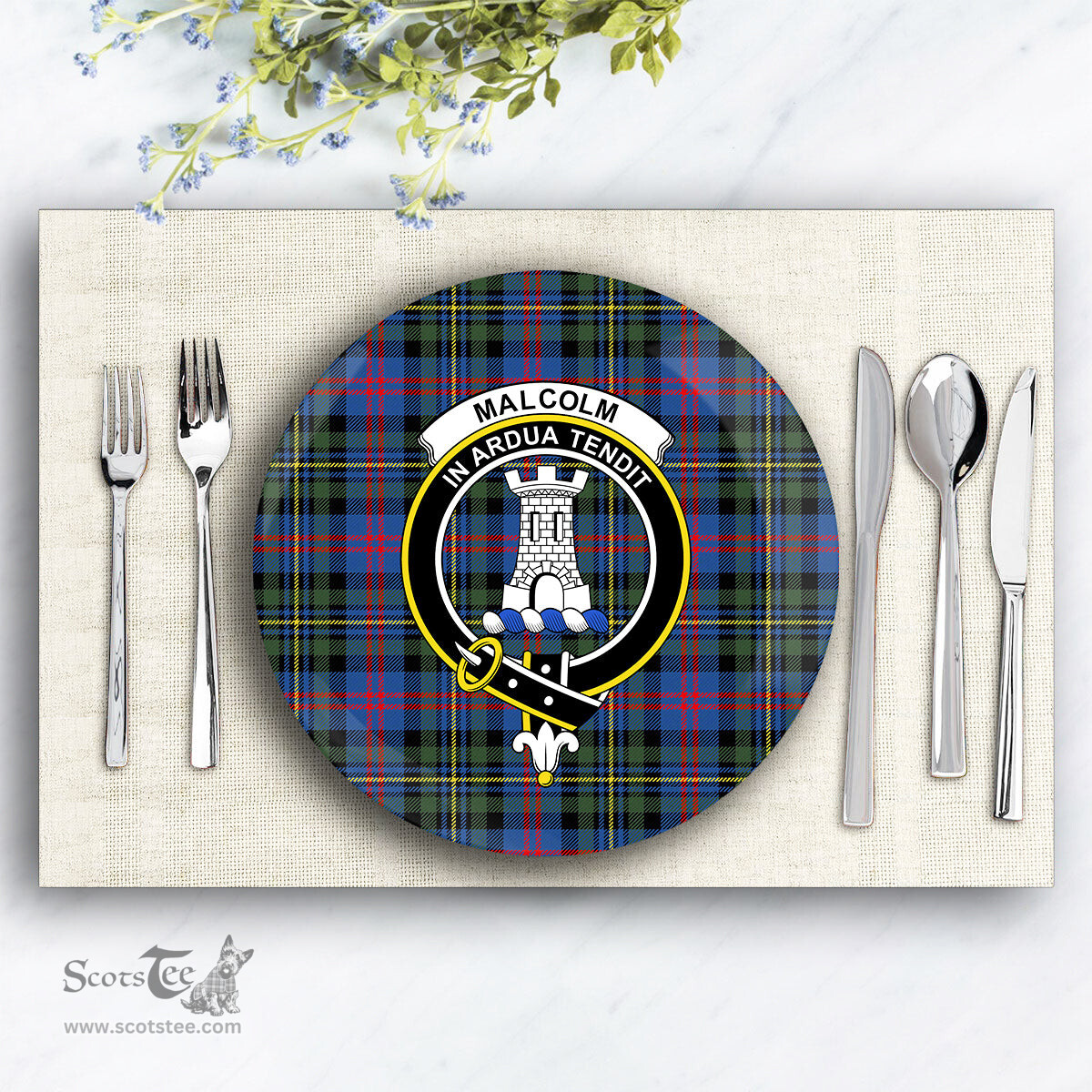 ScotsTee Shop Scottish Malcolm of Berwick Modern Crest Tartan Ceramic Plate