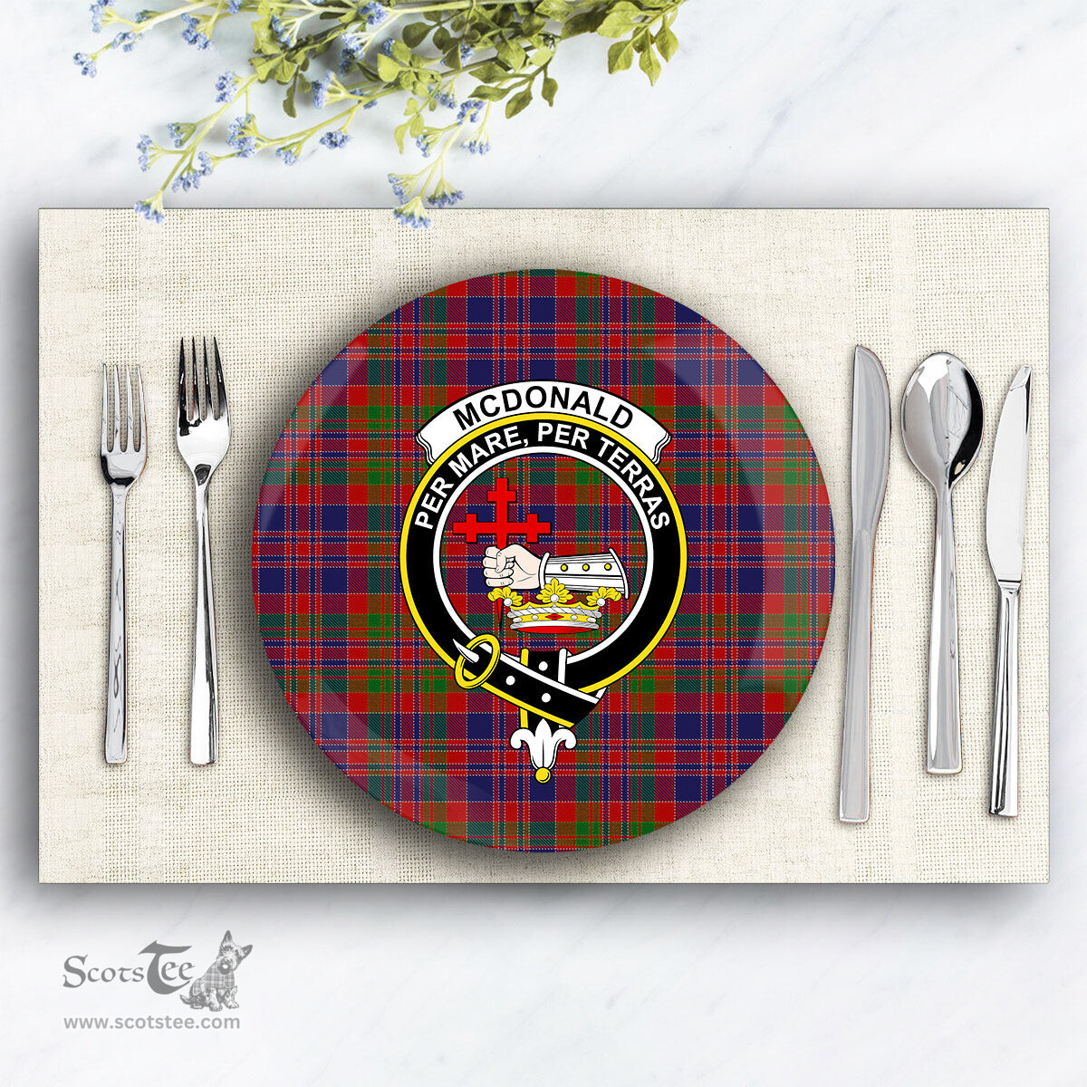 ScotsTee Shop Scottish McDonald of Boisdale Crest Tartan Ceramic Plate