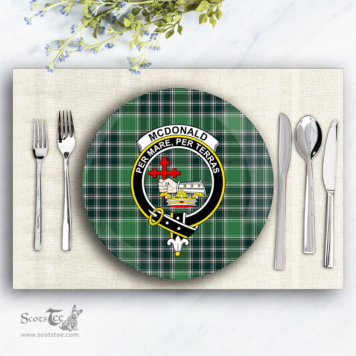 ScotsTee Shop Scottish McDonald Lord of the Isles Hunting Modern Crest Tartan Ceramic Plate
