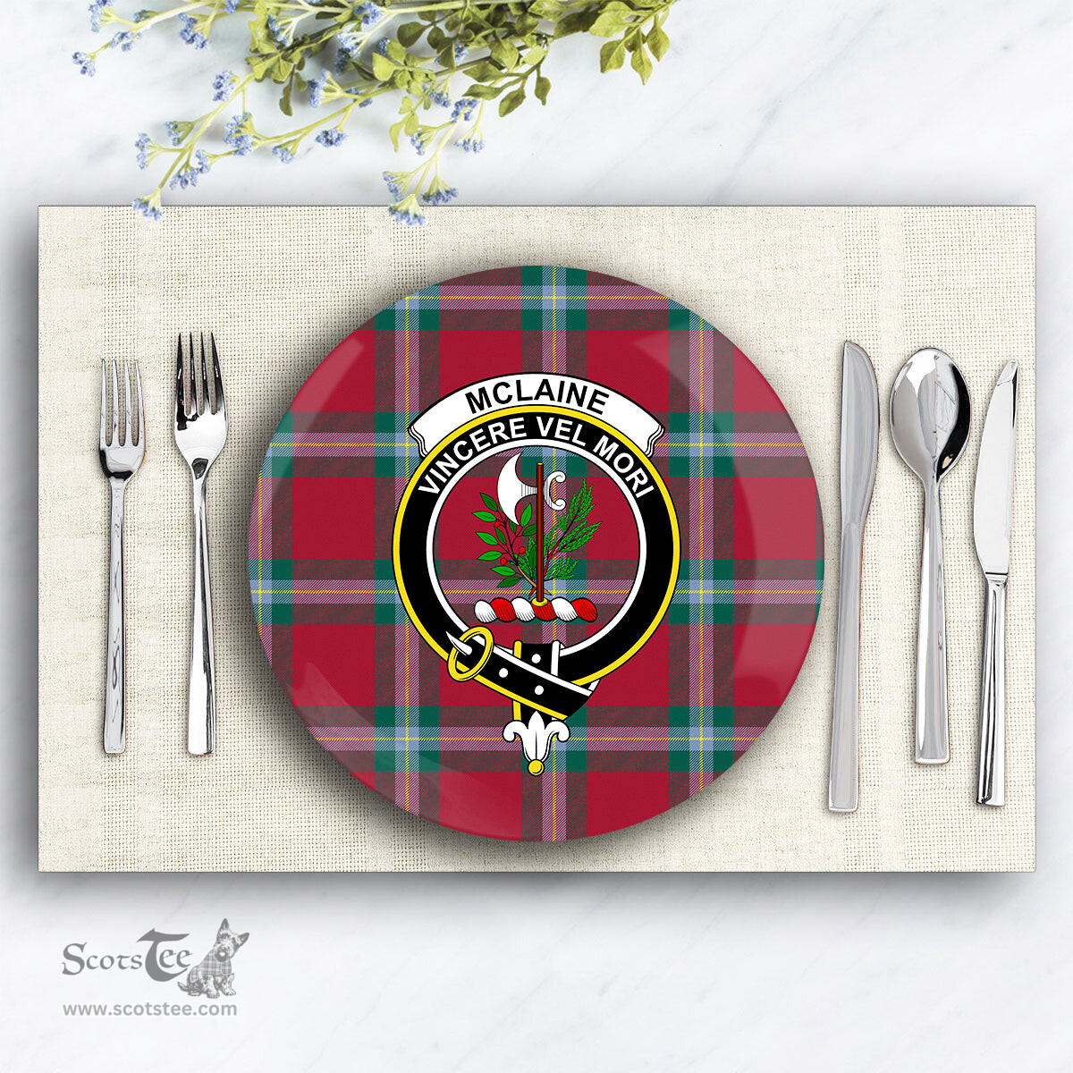 ScotsTee Shop Scottish McLaine of Loch Buie Modern Crest Tartan Ceramic Plate