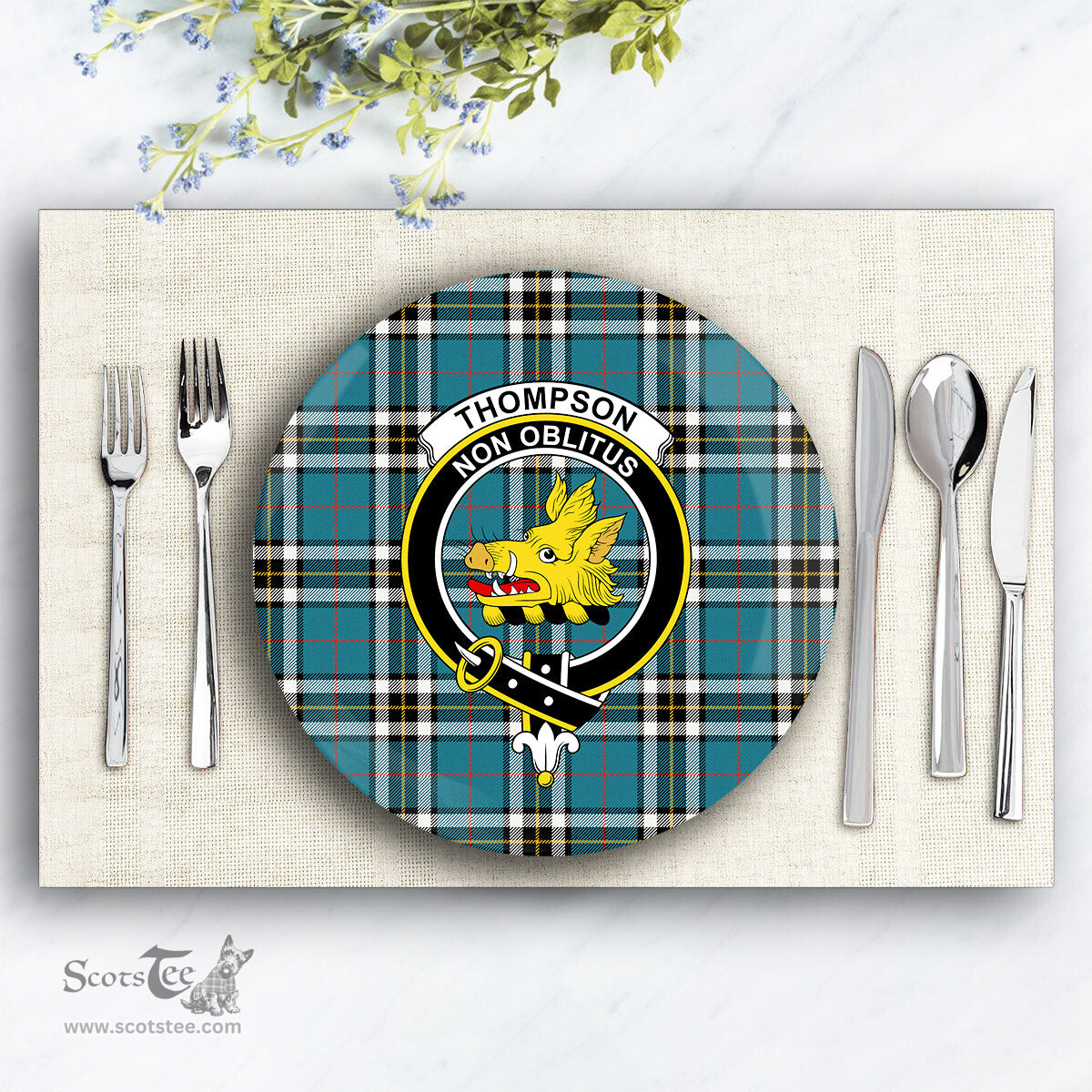 ScotsTee Shop Scottish Thompson Society Dress Blue Ancient Crest Tartan Ceramic Plate