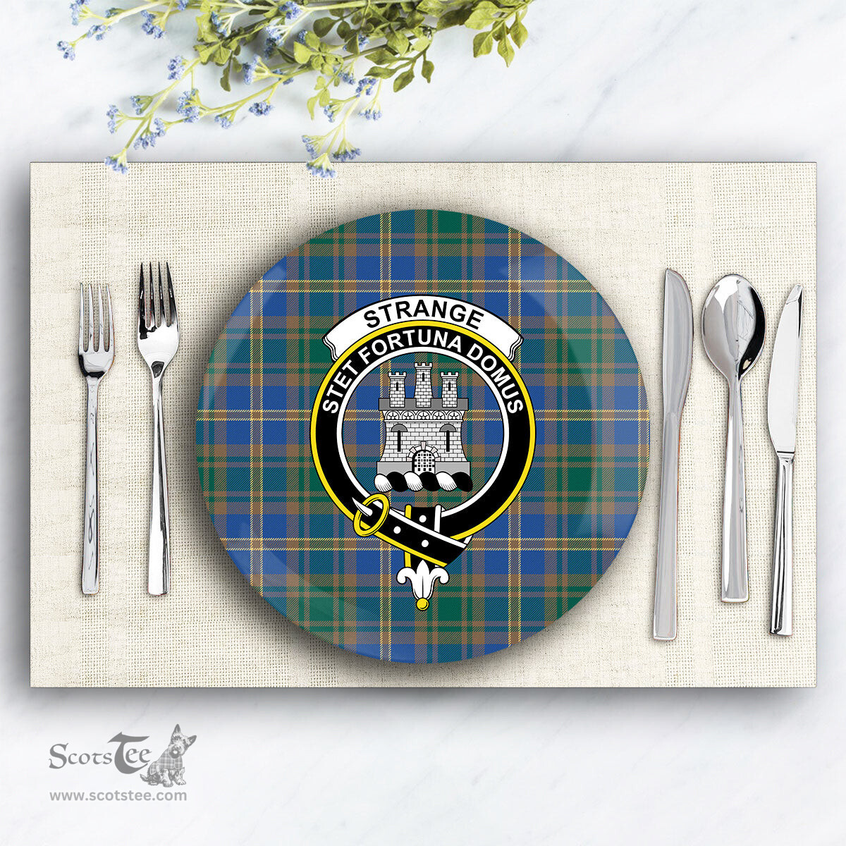 ScotsTee Shop Scottish Strange of Balkaskie Modern Crest Tartan Ceramic Plate