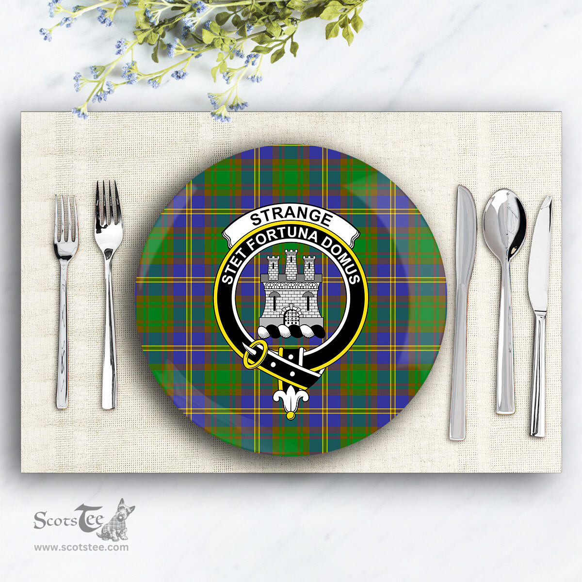 ScotsTee Shop Scottish Strange of Balkaskie SC Crest Tartan Ceramic Plate