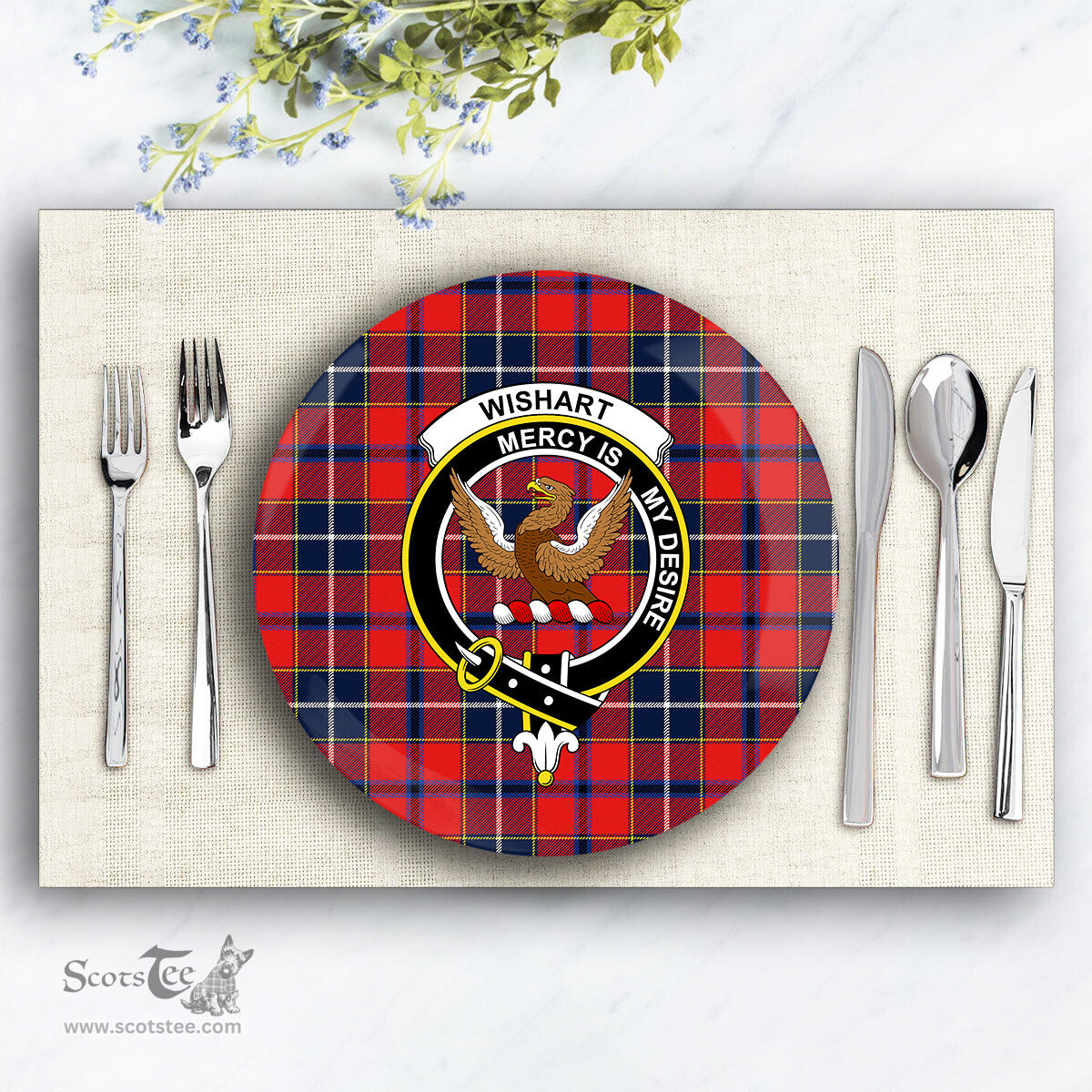 ScotsTee Shop Scottish Wishart Dress Modern Crest Tartan Ceramic Plate