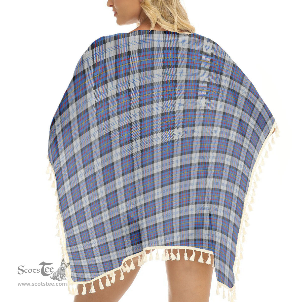 ScotsTee Shop Scottish Gillies Dress Blue Tartan Square Fringed Shawl