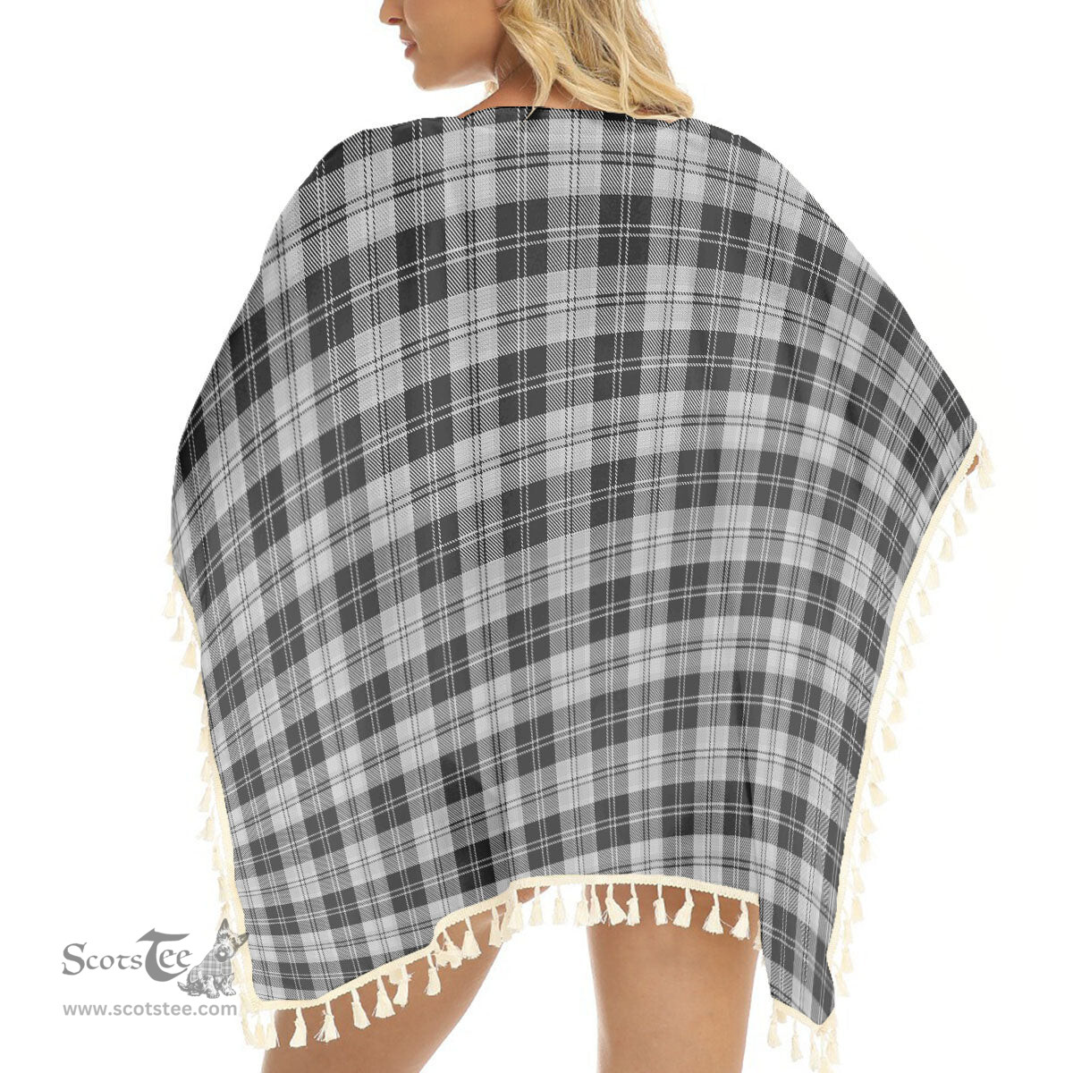 ScotsTee Shop Scottish Erskine Black and White Tartan Square Fringed Shawl
