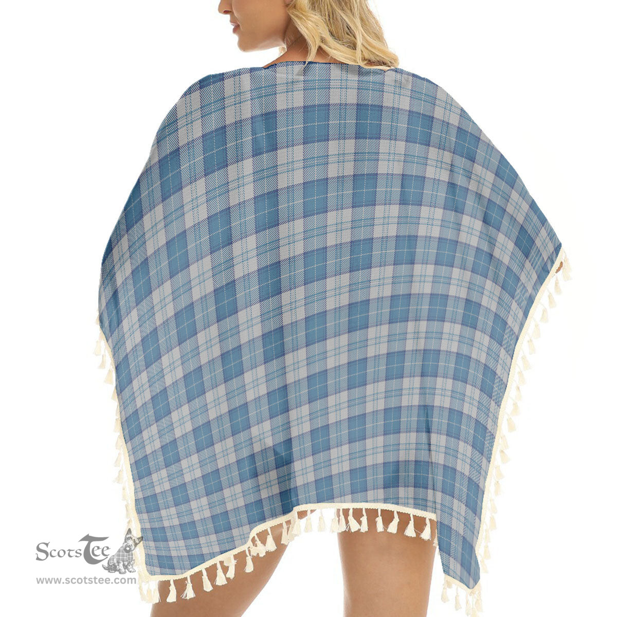 ScotsTee Shop Scottish Menzies Dress Blue and White Tartan Square Fringed Shawl
