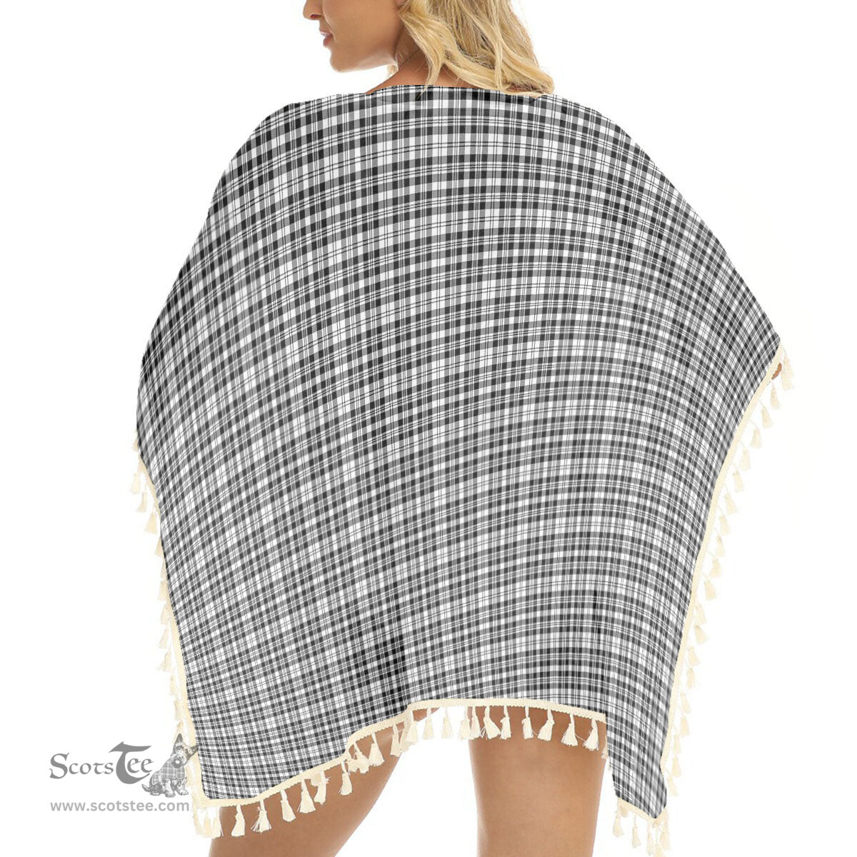 ScotsTee Shop Scottish Scott Black and White Modern Tartan Square Fringed Shawl