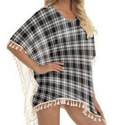 ScotsTee Shop Scottish Menzies Black & White Modern Tartan Square Fringed Shawl