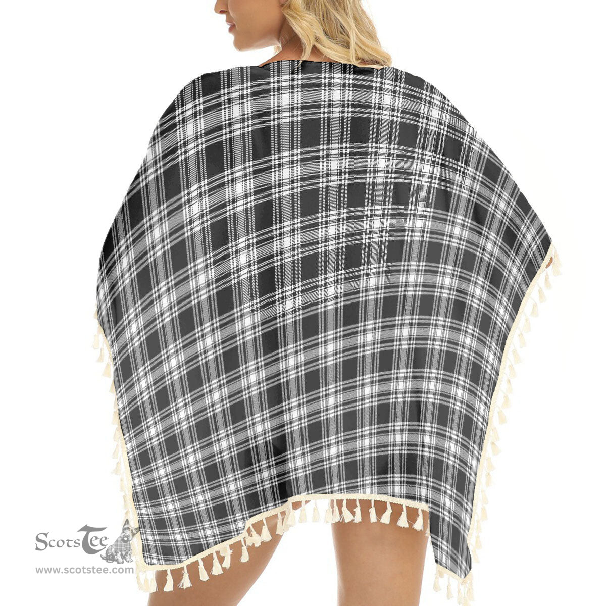 ScotsTee Shop Scottish Menzies Black & White Modern Tartan Square Fringed Shawl
