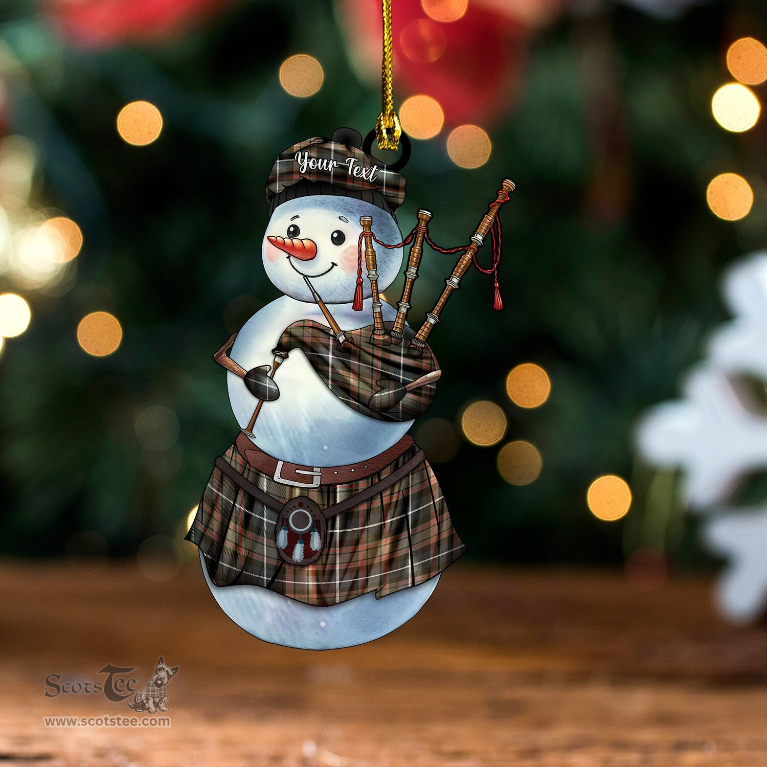 ScotsTee Shop Scottish MacRae Hunting (1715 variant) Weathered Tartan Ornament Snowman Bagpipe Personalized