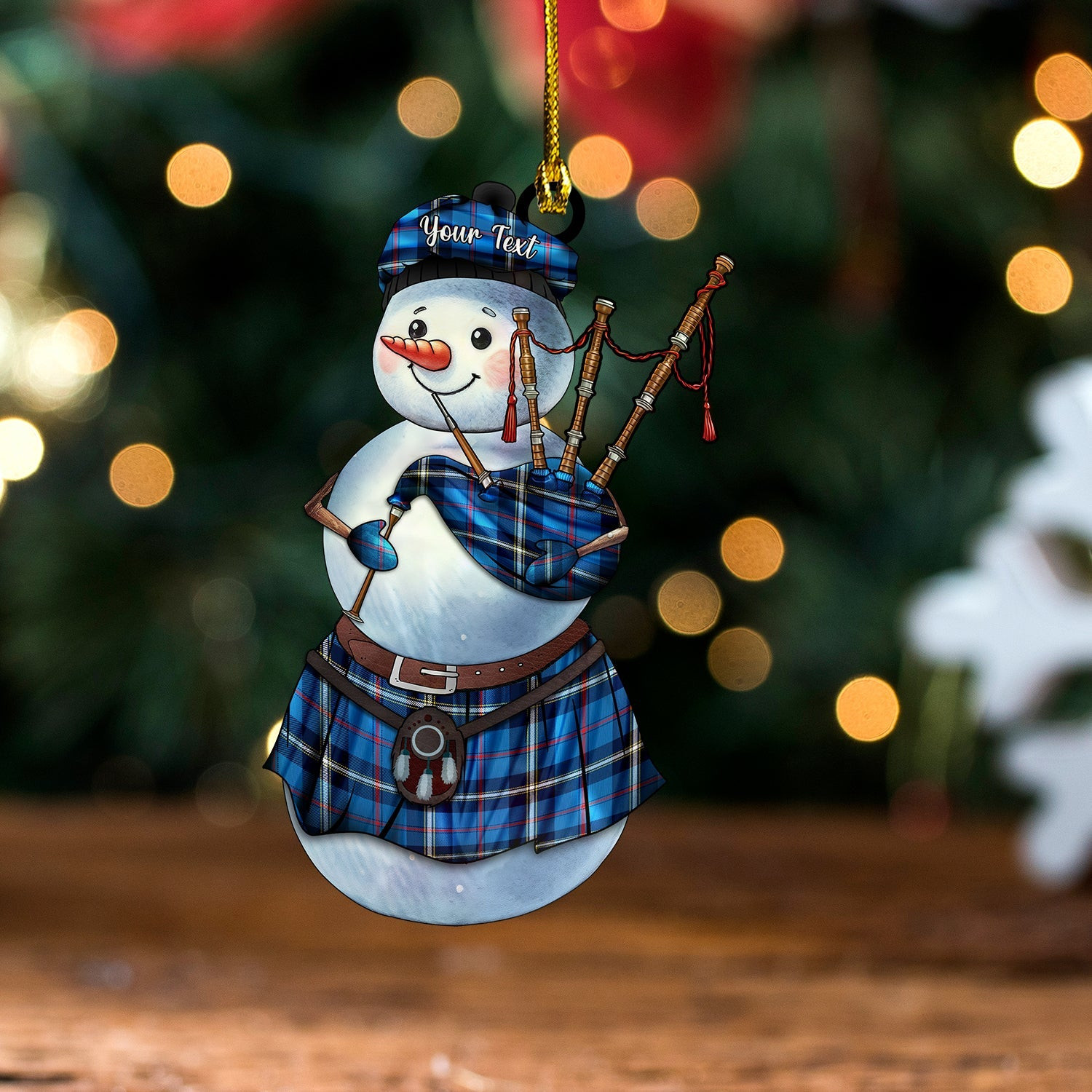 ScotsTee Shop Scottish MacRae of America Modern Tartan Ornament Snowman Bagpipe Personalized