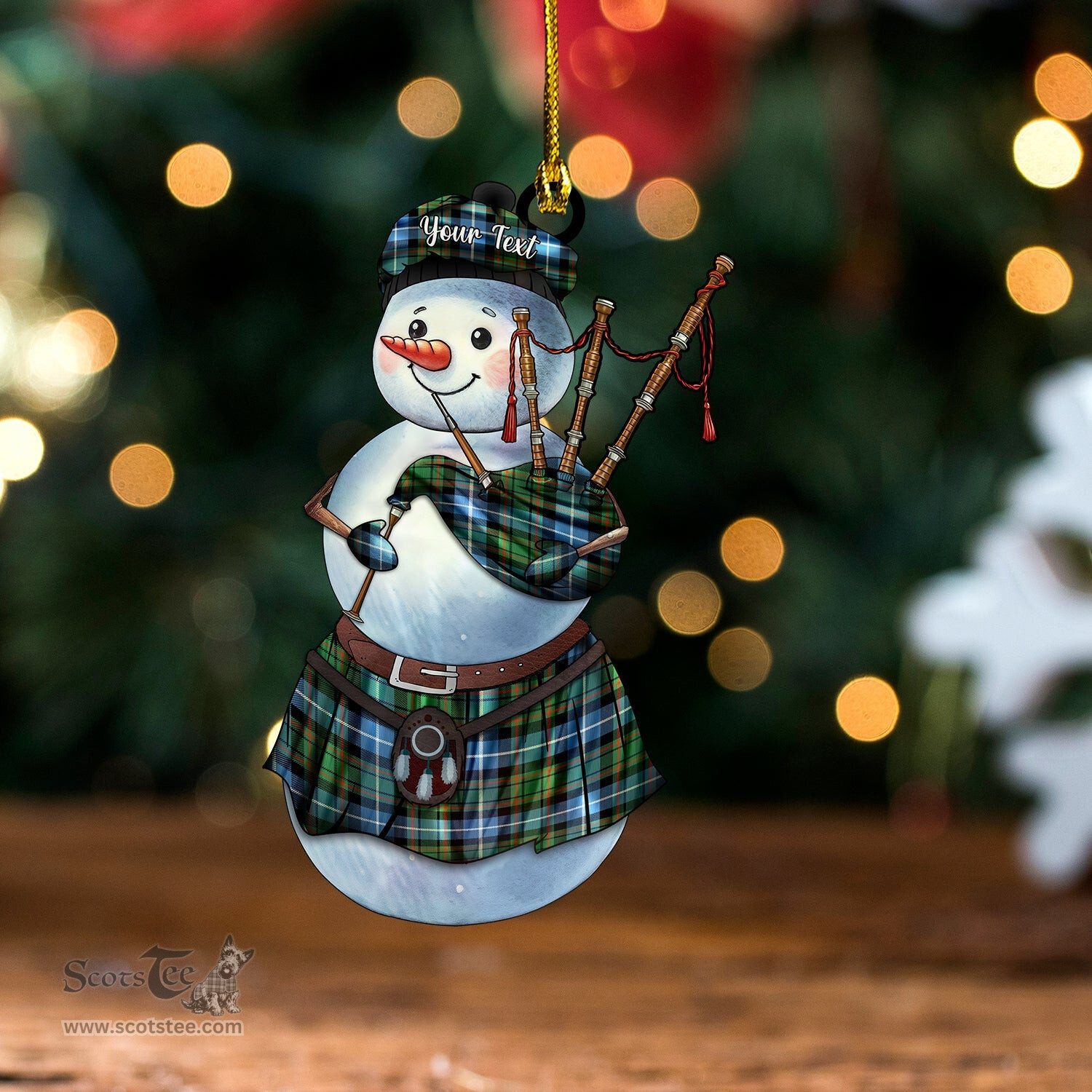 ScotsTee Shop Scottish MacRae Hunting (1715 variant) Ancient Tartan Ornament Snowman Bagpipe Personalized