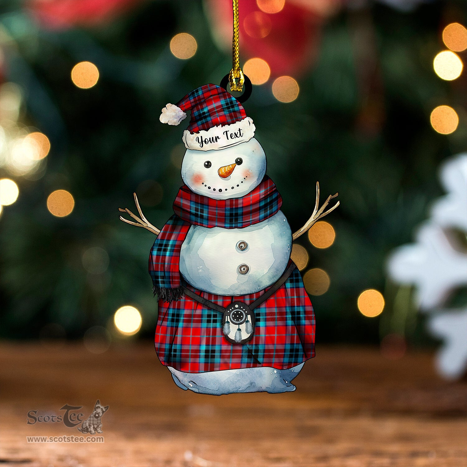 ScotsTee Shop Scottish MacTavish (Thompson Red) Modern Tartan Ornament Snowman Warrior Personalized