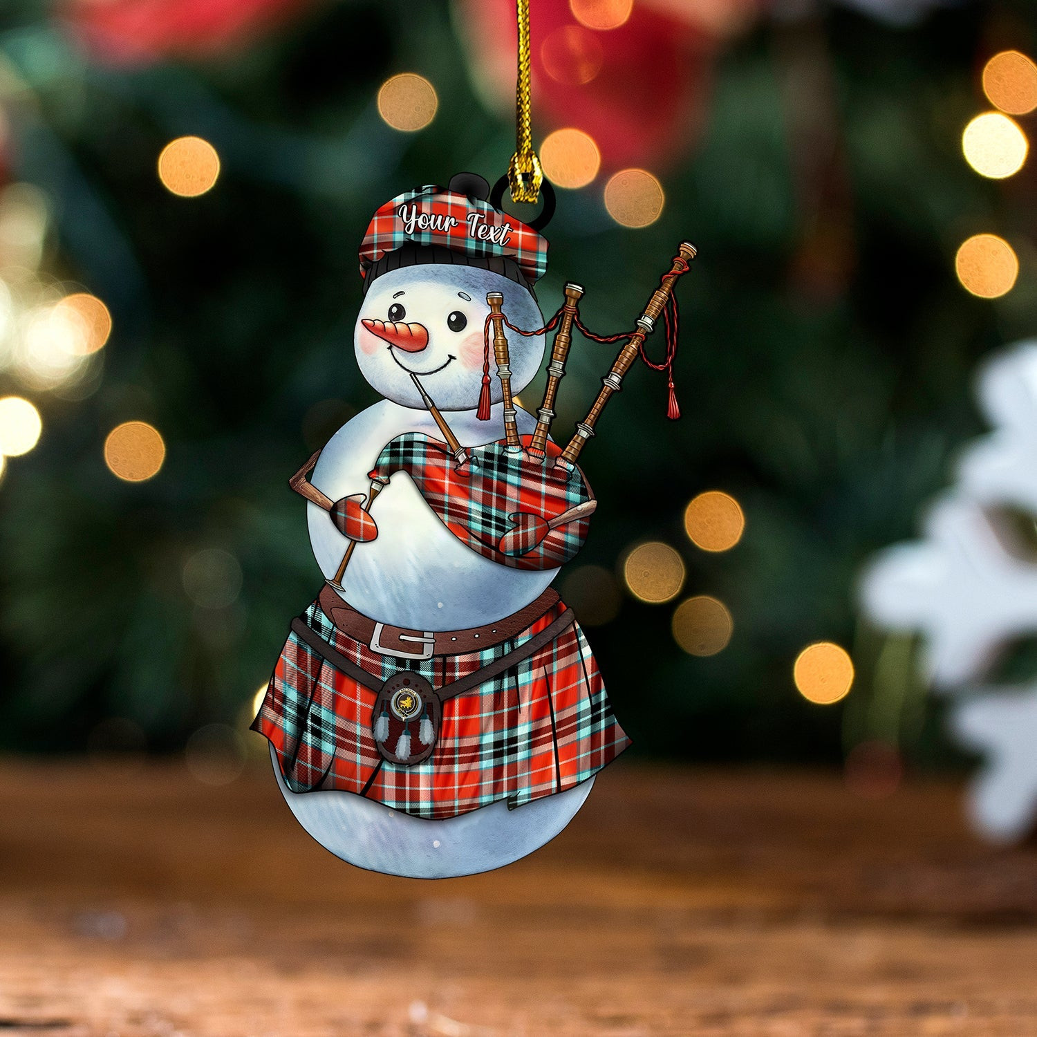 ScotsTee Shop Scottish MacTavish Weathered Clan Crest Tartan Ornament Snowman Bagpipe Personalized