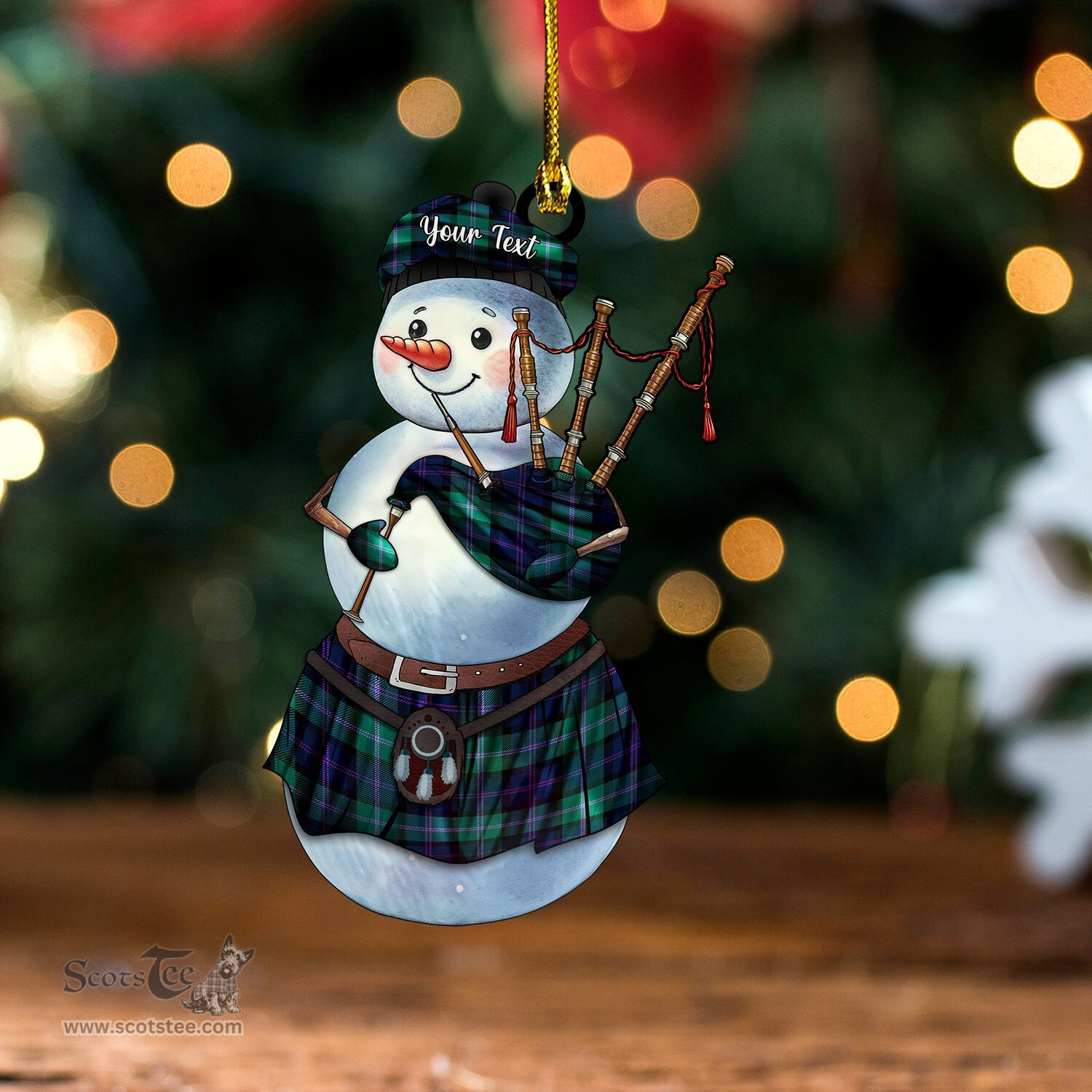 ScotsTee Shop Scottish MacThomas (Thompson Thomson) Modern Tartan Ornament Snowman Bagpipe Personalized