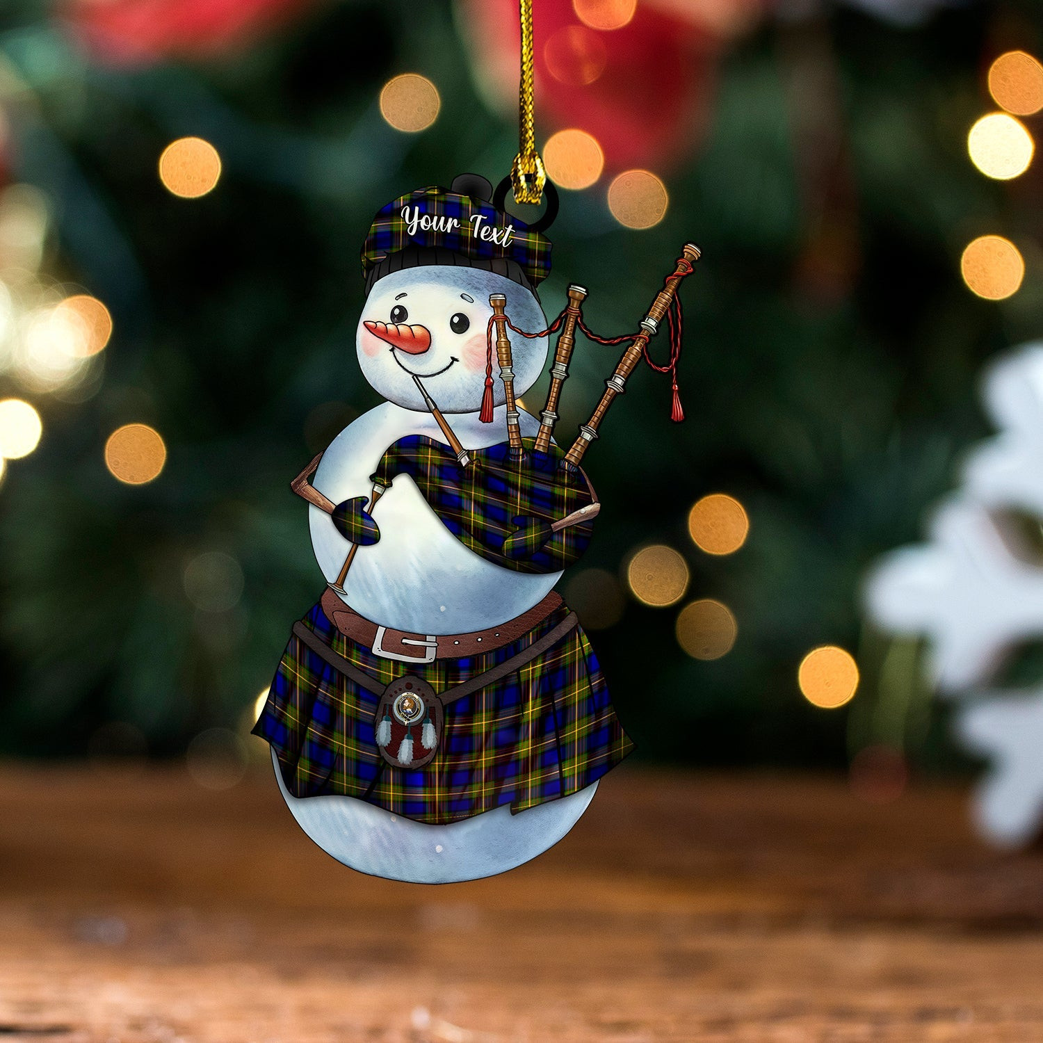 ScotsTee Shop Scottish More (Muir) Clan Crest Tartan Ornament Snowman Bagpipe Personalized