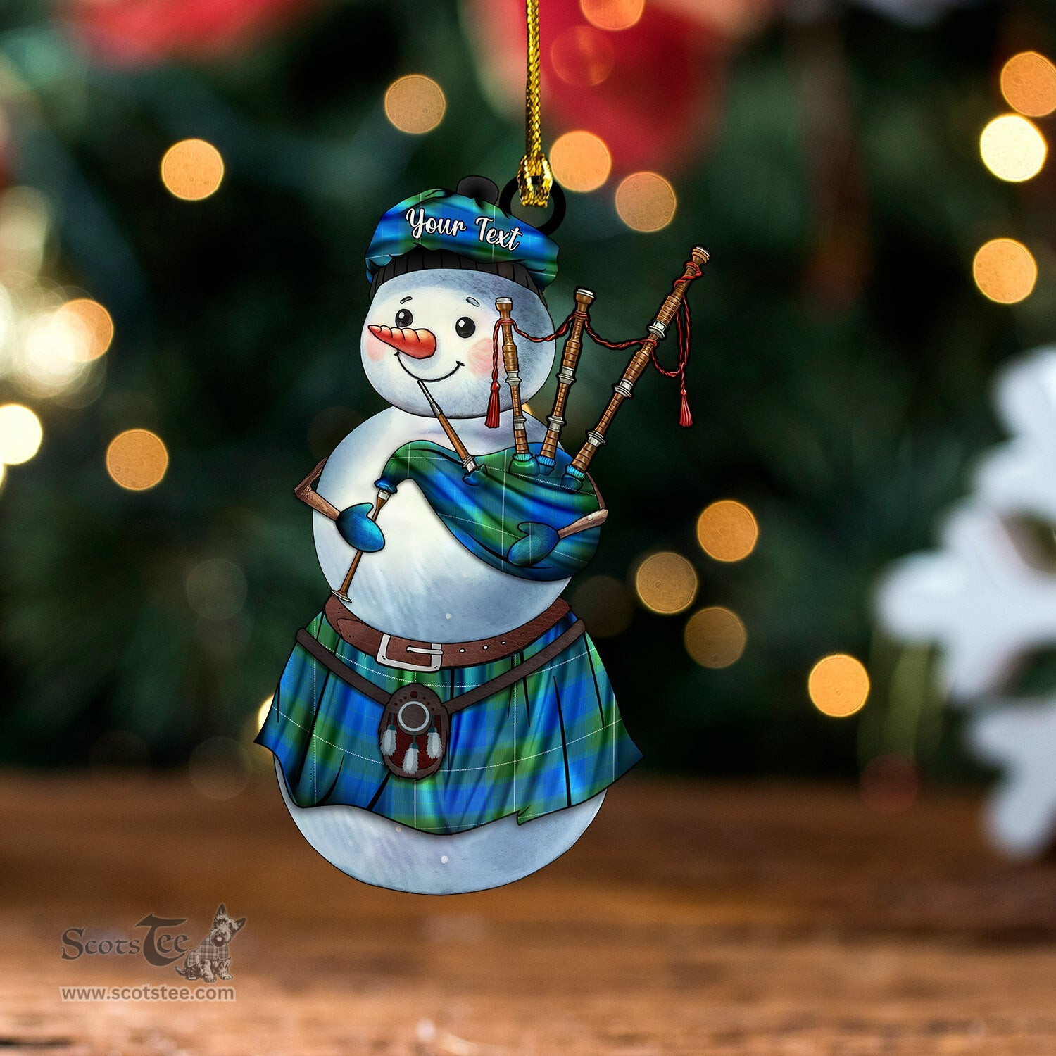 ScotsTee Shop Scottish Wallace Blue (Wallas Blue) Ancient Tartan Ornament Snowman Bagpipe Personalized