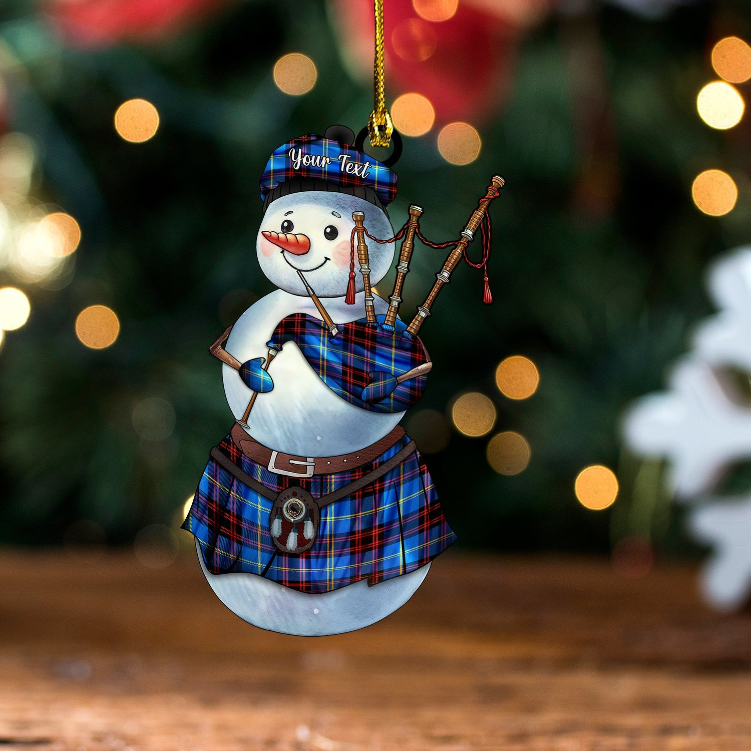ScotsTee Shop Scottish Rutherford Modern Clan Crest Tartan Ornament Snowman Bagpipe Personalized