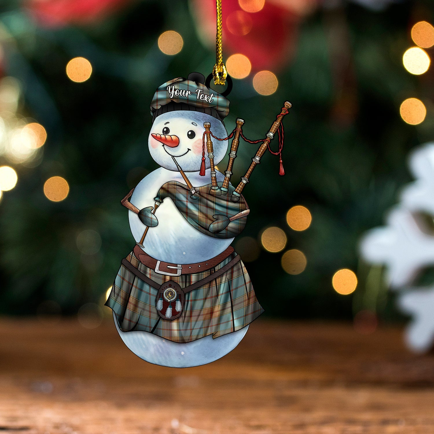ScotsTee Shop Scottish Strachan Weathered Clan Crest Tartan Ornament Snowman Bagpipe Personalized