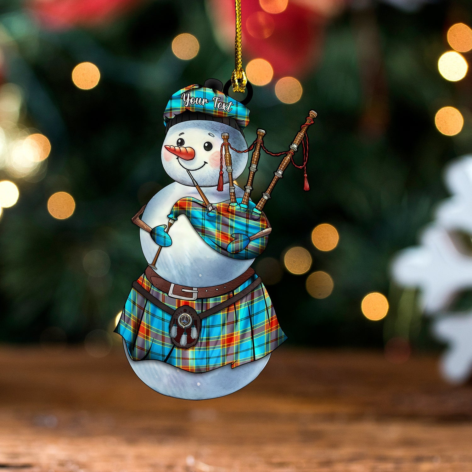 ScotsTee Shop Scottish Traill (Trayle) Weathered Clan Crest Tartan Ornament Snowman Bagpipe Personalized
