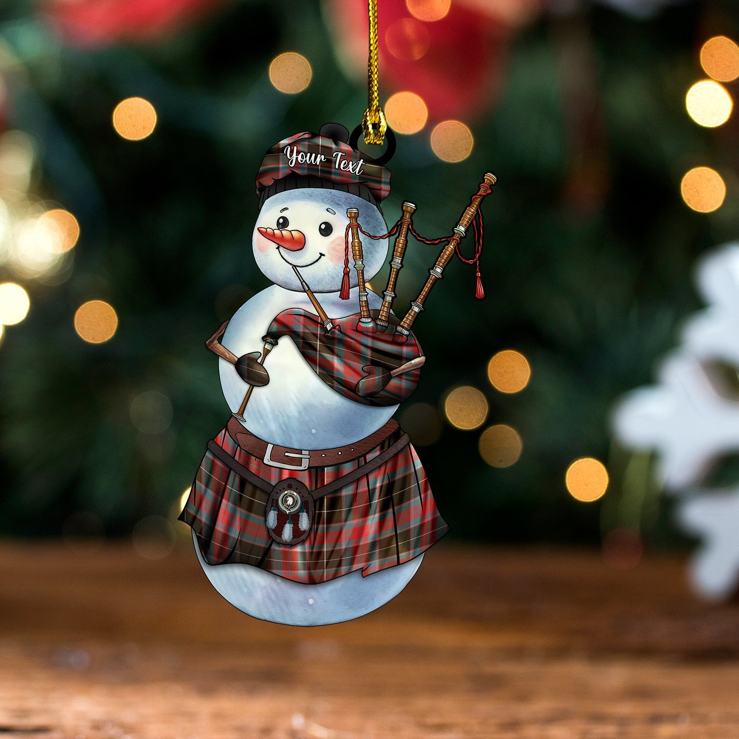 ScotsTee Shop Scottish Ramsay Green Weathered Clan Crest Tartan Ornament Snowman Bagpipe Personalized