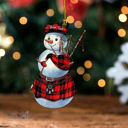 ScotsTee Shop Scottish Ramsay Red (Ramsay of Dalhousie) Clan Crest Tartan Ornament Snowman Bagpipe Personalized