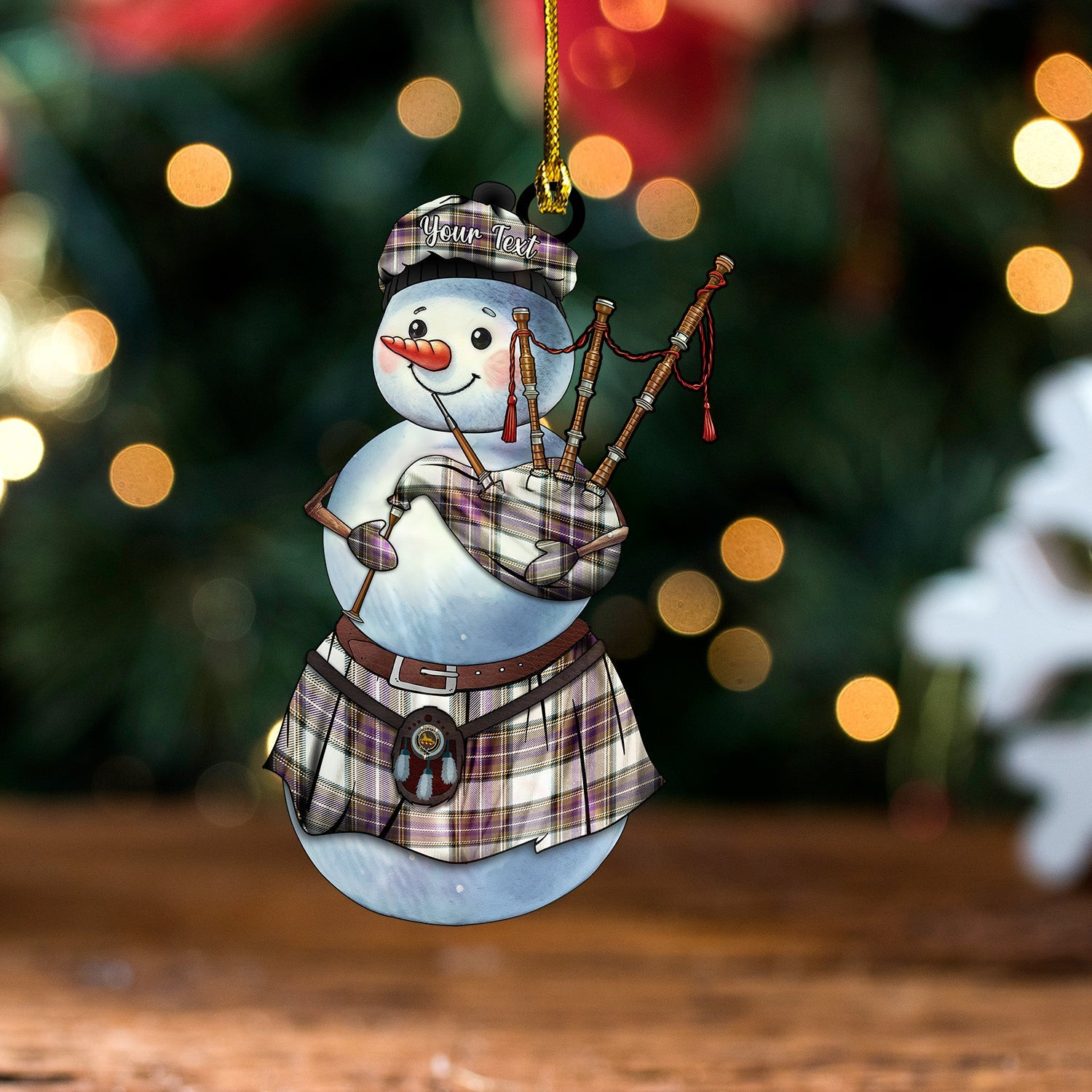 ScotsTee Shop Scottish Richards (Pritchard) Weathered Clan Crest Tartan Ornament Snowman Bagpipe Personalized