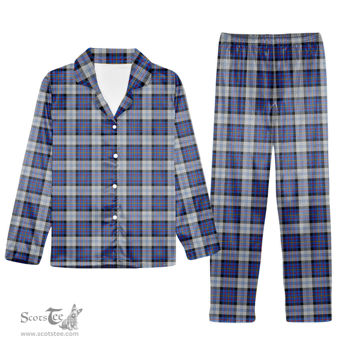 ScotsTee Shop Scottish Gillies Dress Blue Tartan Pajama Satin Velvet Flannel Pajama Set