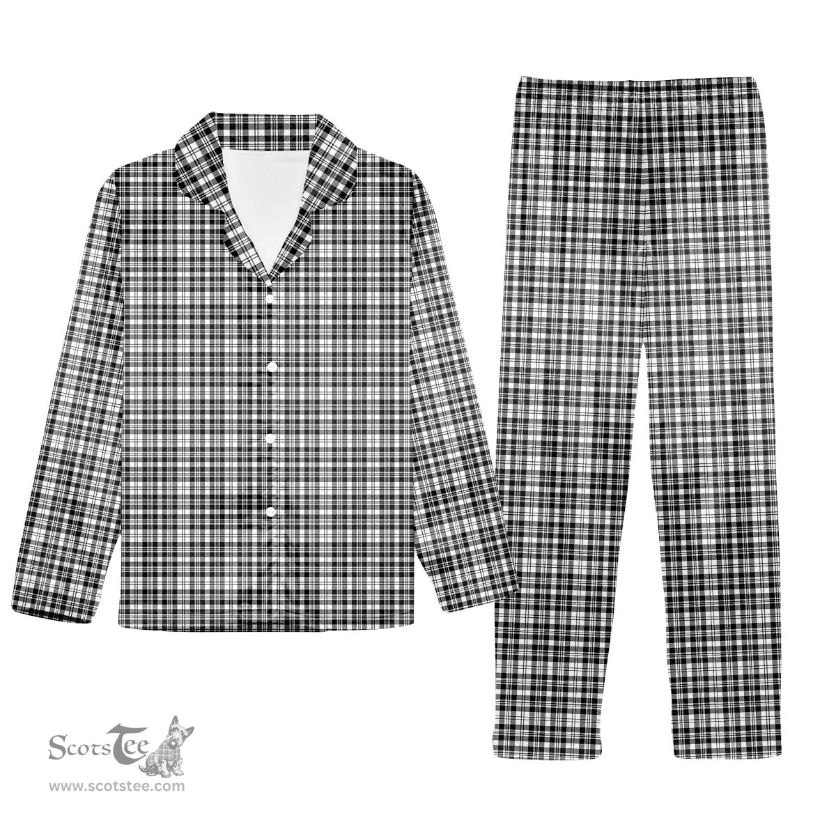 ScotsTee Shop Scottish Scott Black and White Modern Tartan Pajama Satin Velvet Flannel Pajama Set